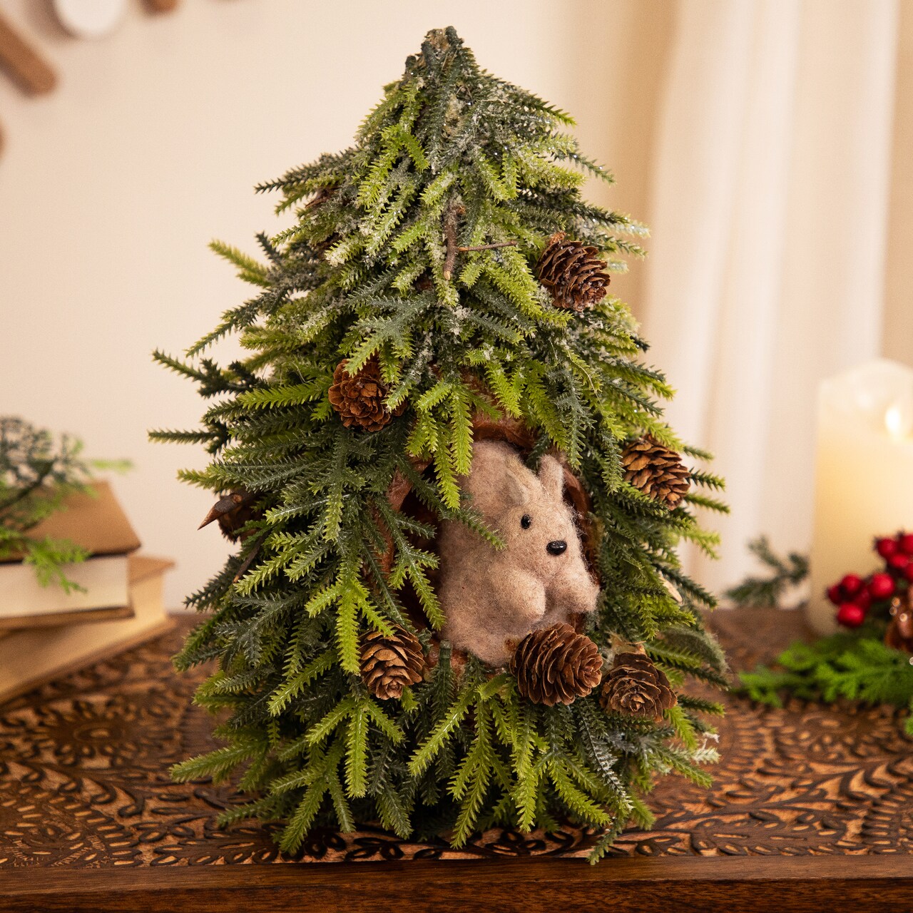 Northlight Frosted Tree with Squirrel and Pinecones Christmas Decoration - 12"